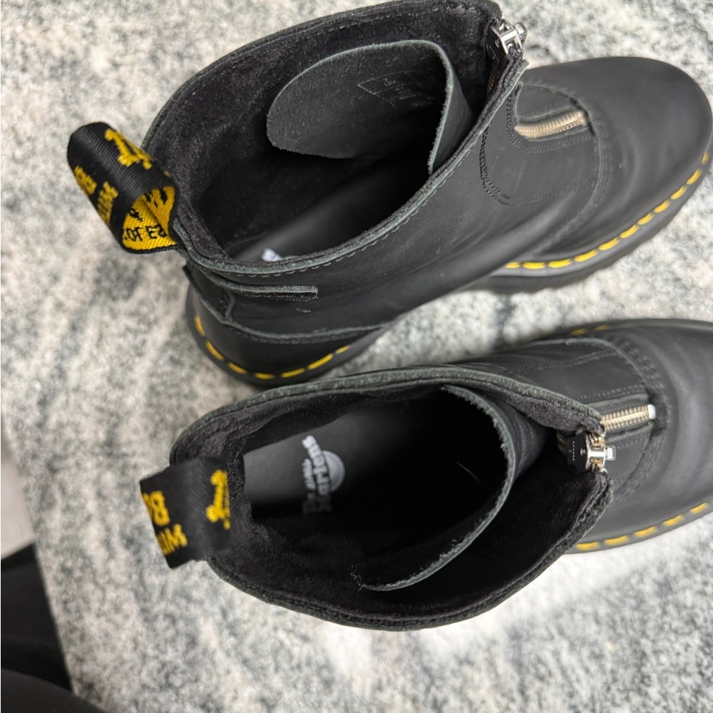 Dr. Martens Black Leather Front-Zip Platform Boots with Yellow Stitching - Picture 5 of 6